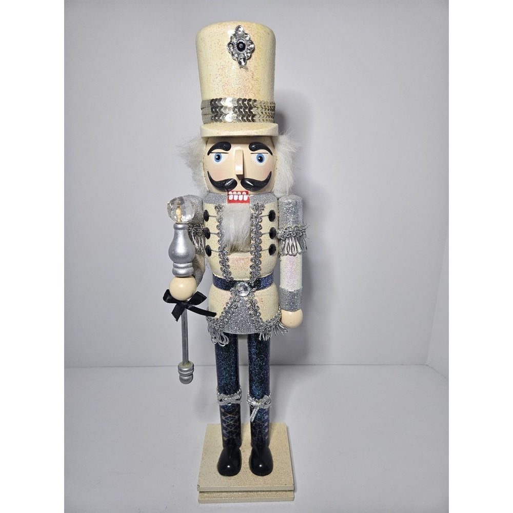 Wooden Nutcracker King Christmas Decor White Gold Silver Glitter Rhinestone